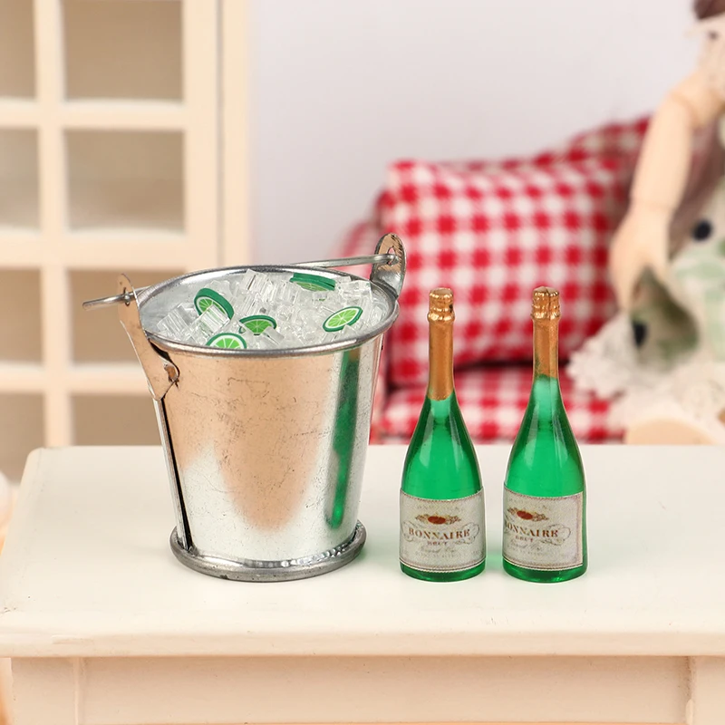 

1/12 Miniature Wine Bottles With Ice Cube Bucket Dollhouse Kitchen Mini Dolls House Living Room Accessories Beer Drink Bottles