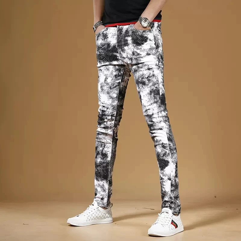Autumn Men Fashion Printed White Jeans Streetwear Casual Slim Fit Straight Pants Korean Style Digital Printing Denim Trousers