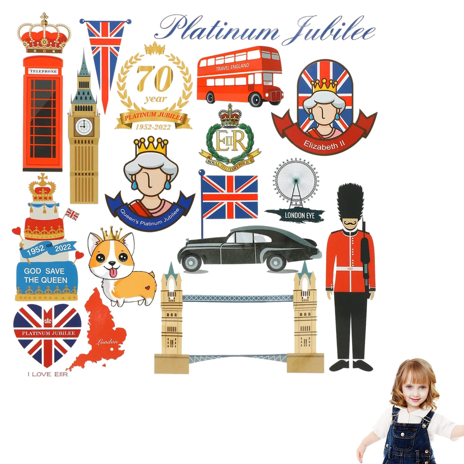 

57 Pieces Union Jack Decorations Sticker 2022 70th Queen's Jubilee Decorative Stickers British London Decorations Waterproof PVC