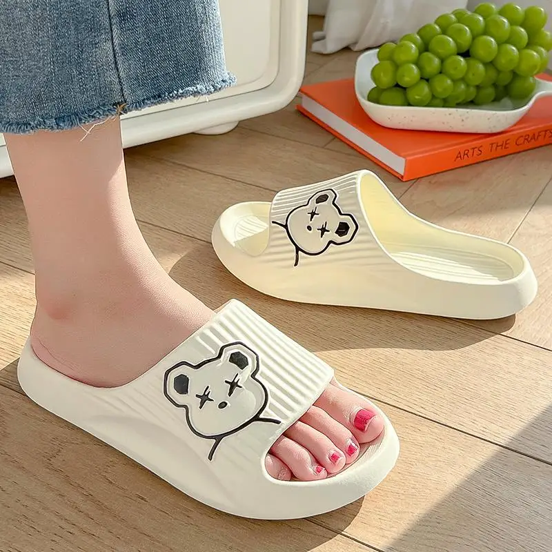 

Solid Bear Slippers Cartoon Graffiti Shoes Women Summer Flip-Flops Beach Sandals Thick Platform Soft Cozy Casual Home Slippers