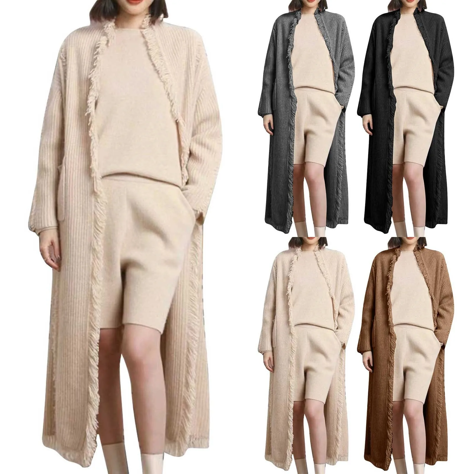 

Женский вязаный кардиган с бахромой, большой свободный свитер, длинное пальто