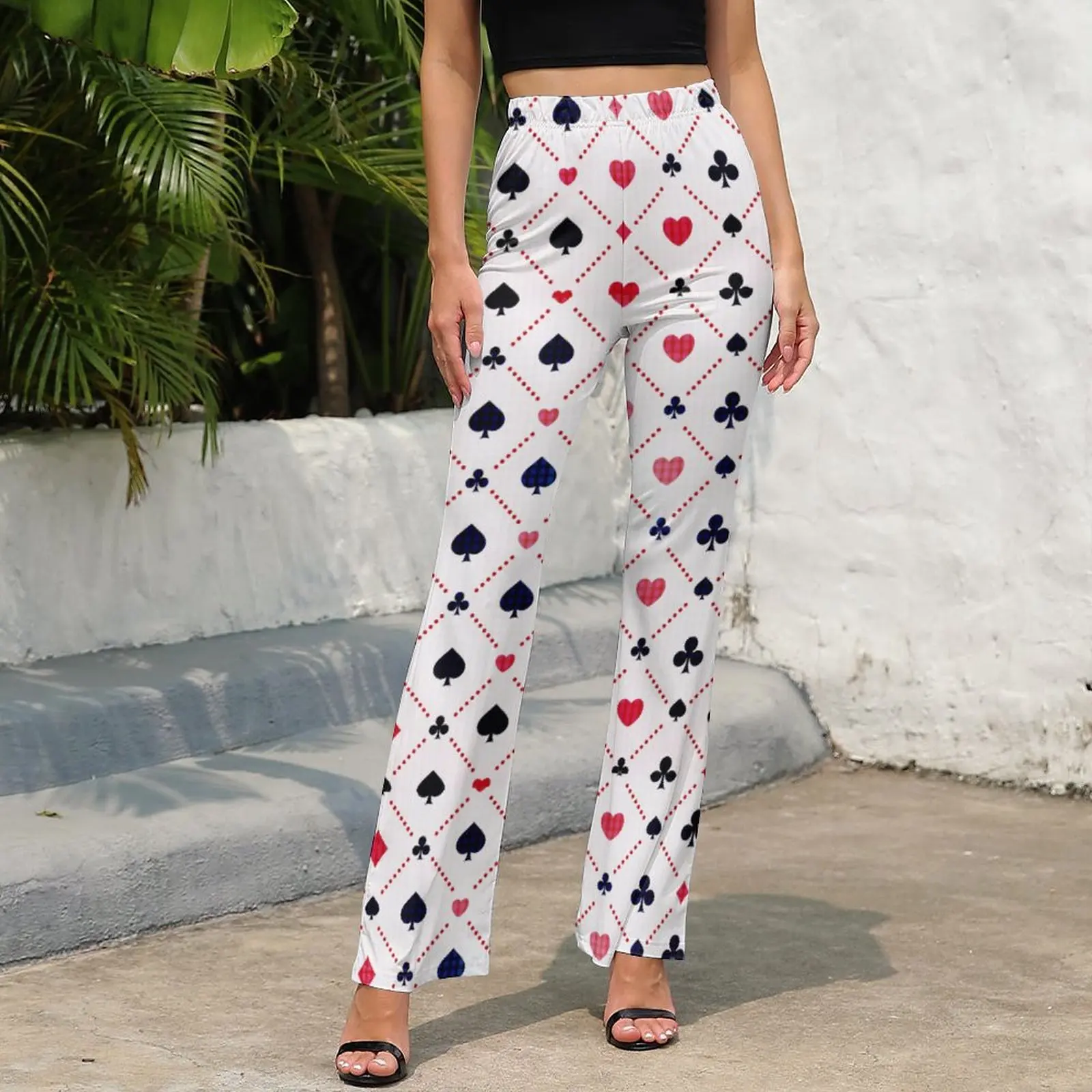 Poker Card Heart Pants Playing High Waisted New Year Printed Flare Women Curvy Trouser |