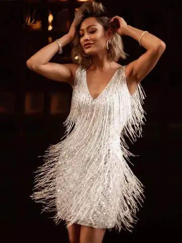 Women Elegant Sleeveless Mini Dress Women Sexy Summer Fashion V Neck Feather Tassel Dress Party Lady Casual Sequin Pencil Dress