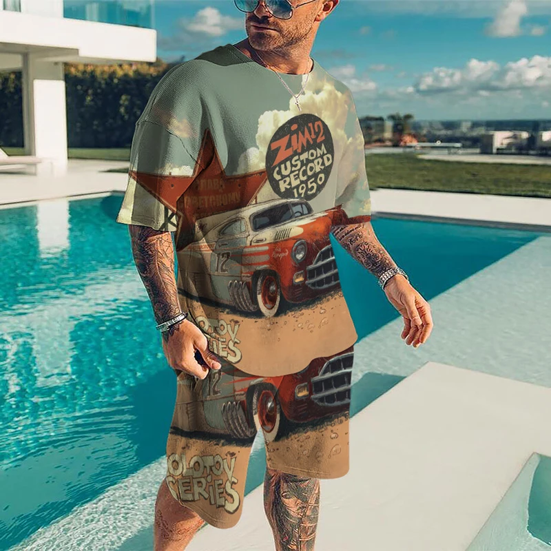 

Men's Summer Clothing Car Lover Set 3D Printing Fashion Short Sleeve T-Shirt Sports Shorts Oversized Fashion Clothing Set