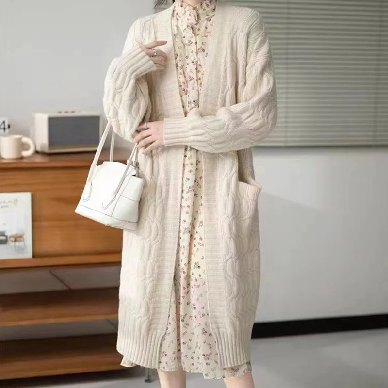 Зимний Женский Утепленный Вязаный Длинный Кардиган EVNISI Повседневный Свитер С