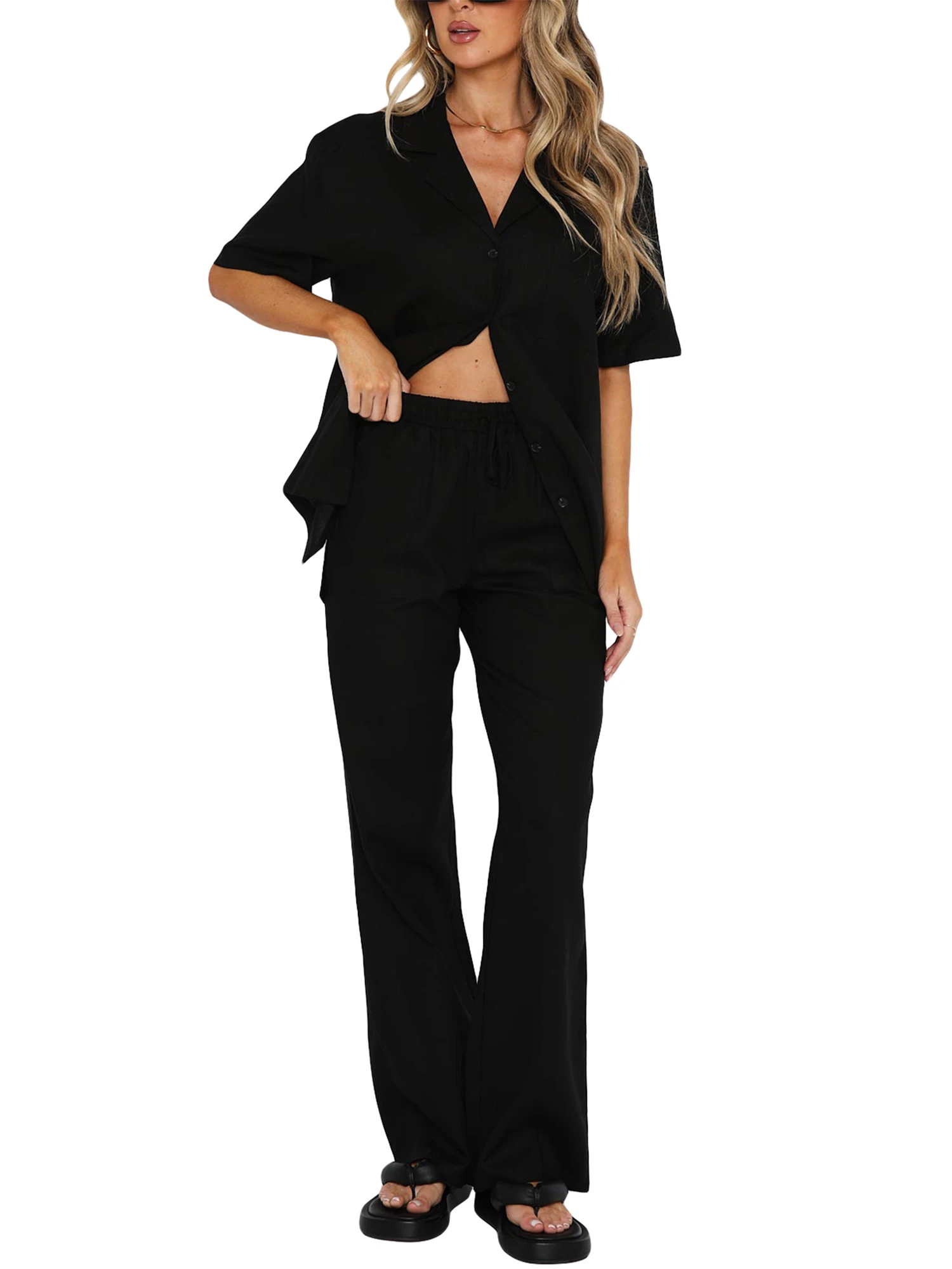 

Women s Elegant Pleated Set Oversized Long Sleeve Button Down Shirt with High Waist Wide Leg Pants - Perfect Matching Two