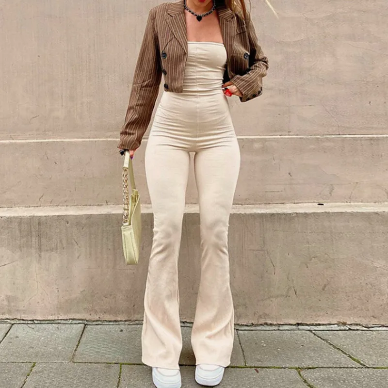 

2022 сексуальные элегантные комбинезоны без бретелек с открытой спиной, женские Клубные празднивечерние комбинезоны с расклешенными брюкам...