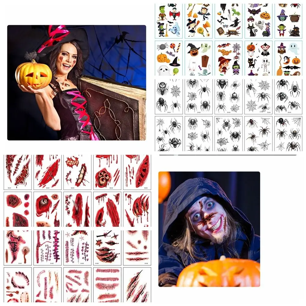 

10 Sheets/Set Face Patch Halloween Temporary Tattoos Scar Spider Design Waterproof Halloween Body Art Stickers DIY Lifelike
