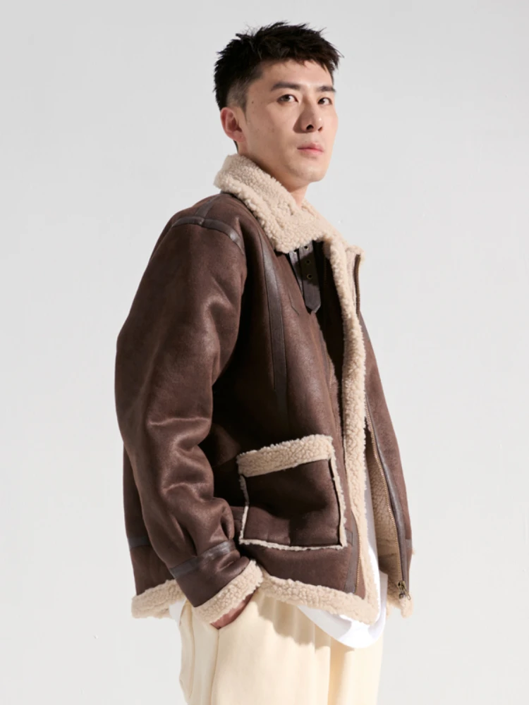 Winter Lamb Wool Coat Men's Fleece-Lined Fur Integrated Jacket Loose Leather Coat Motorcycle Clothing Cotton-Padded Coat Thick