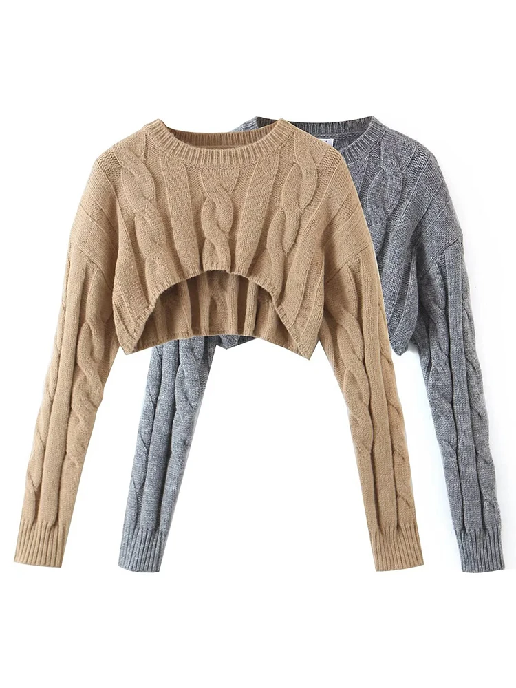 

YENKYE Cool Girls O Neck Twist Cropped Pullover Sweater Vintage Long Sleeve Women Autumn Knit Tops
