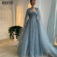jeheth dusty blue sparkly tulle prom dresses with long cape sweetheart a line formal party dress 2022 evening gowns floor length