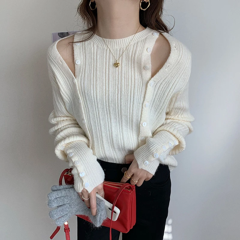 

Korean Fashion OL Double-breasted Woman Pullover Loose Solid Color O Neck Long Sleeve Sweater Female Sweet Knit Top Dropshipping