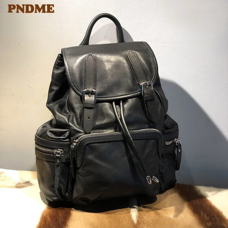 PNDME Simple casual natural genuine leather men's black backpack for outdoor travel large capacity women's backpack for students