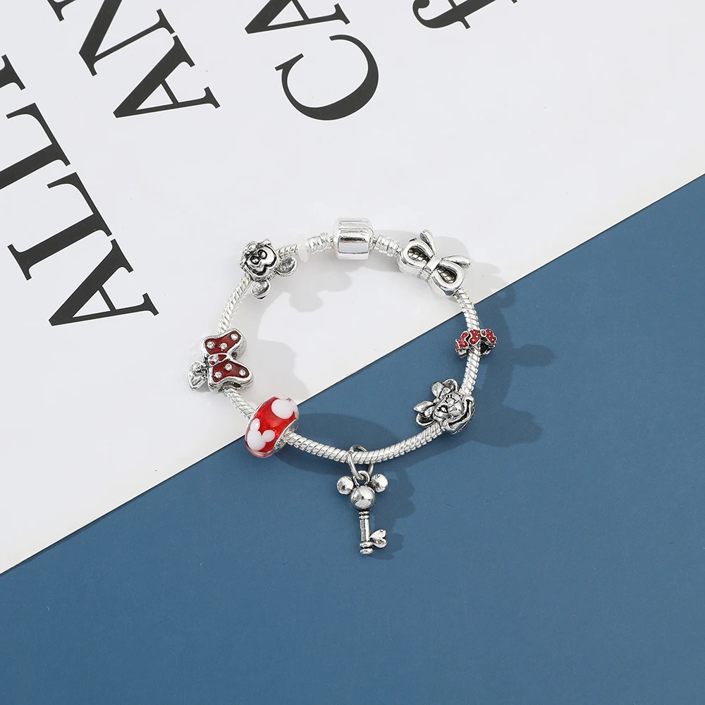 Cartoon Cute Disney Jewelry Red Crystal Mickey Minnie Pendant Bead Bracelet Silver Color Charm Jewelry Bracelet Pulsera Mujer images - 6