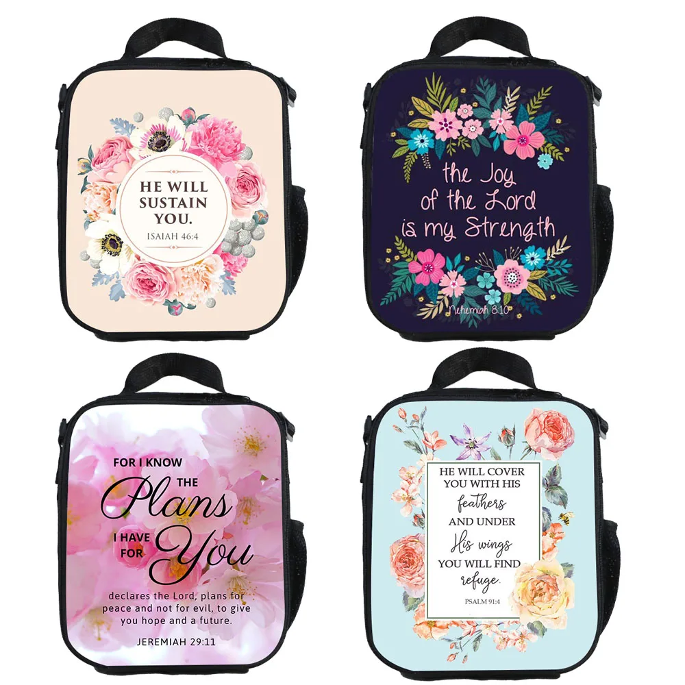 Women God He Will Sustain You Floral Backpack Kids Picnic Bag Boys Girls Insulated Lunch Box