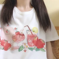 new summer casual women t shirt cartoon strawberry loose tee blusas harajuku cute short sleeved white cotton shirts blouses top