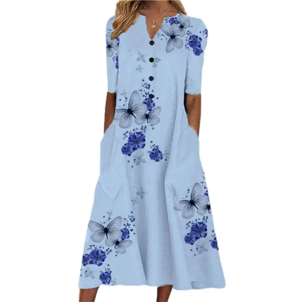 

Elegant Women Dresses V Neck Short Sleeve Button Party Dress Women Summer Vintage Print Dress Casual Loose Flower Ladies Dresses
