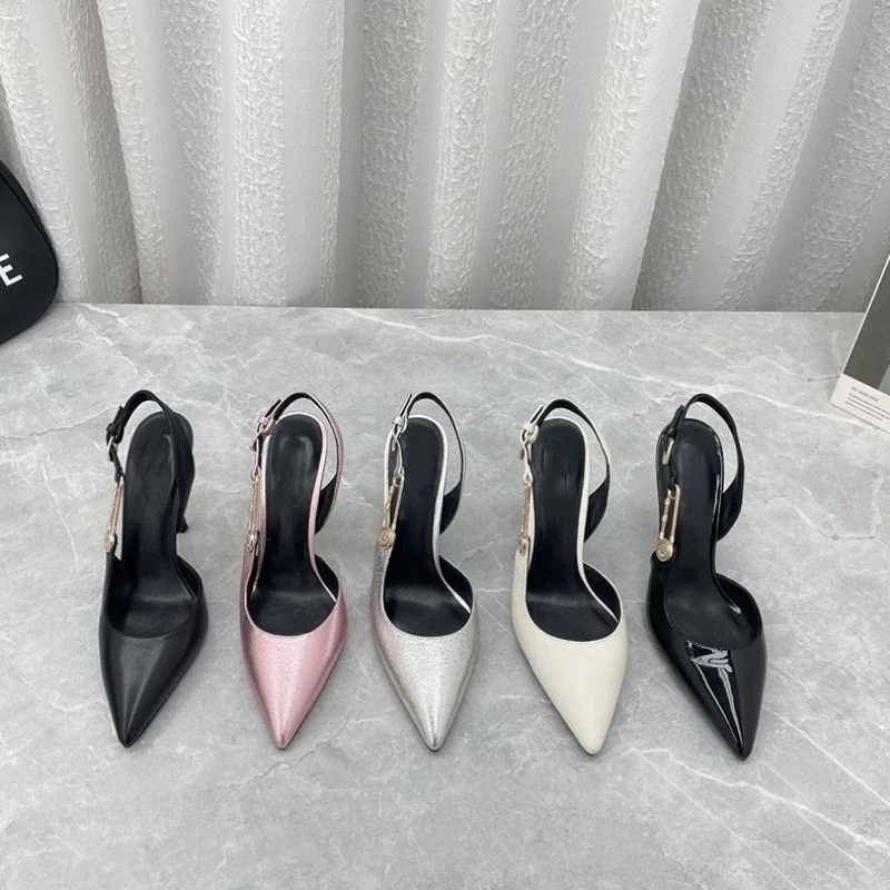 European and American Metal Button Pointed High Heels 2023 New Shallow Mouth Thin Heel Sexy One Line Sandals Women