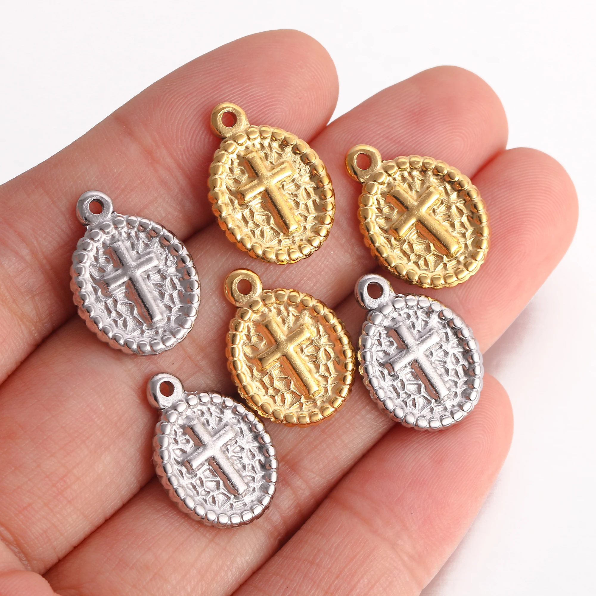

3Pcs/Lot Stainless Steel Lace Oval Cross Charm Religion Amulet Pendant Diy Necklace Bracelet Accessories Jewelry Making Supplies