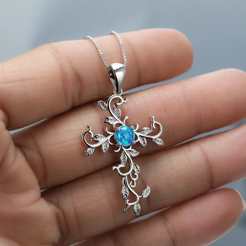 

Fashion Silver lucky Flower vine cross Pendant Blue/White Fire Imitation Opal Necklace Bride Engagement Charm Necklace Jewelry