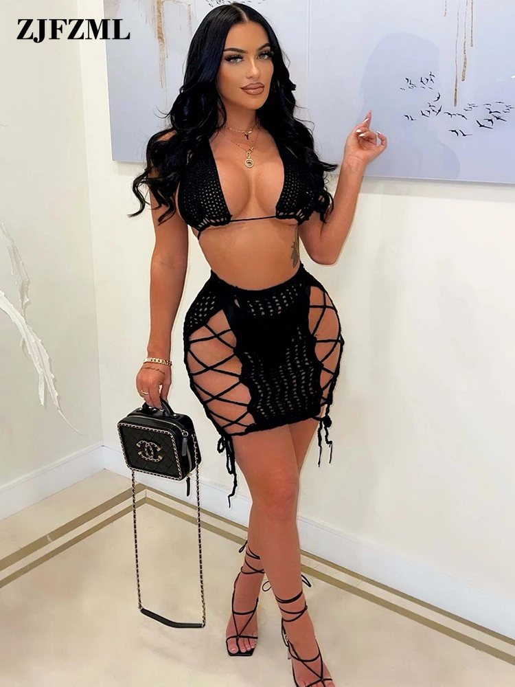 

Black Hand Crochet Two Piece Dress Sets Summer Beachwear Outfits for Women Halter Backless Bra Tops and Lace Up Hollow Skirts