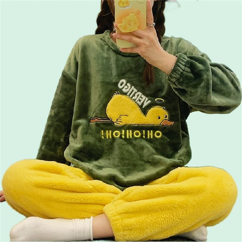 Women's Pajamas Set Plush Warm Pyjamas Funny Cartoon Print Homewear Full-Sleeve Long Pants 2Piece/Set Cozy Sleepwear
