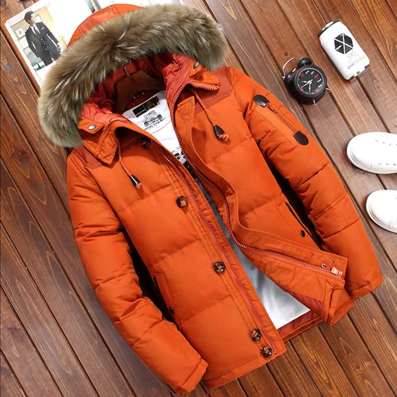 Winter Men's Thick Hooded Down Jacket Casual Mens Solid Color White Duck Down Coat with Fur Collar Male Warm Zipper Outwear Top
