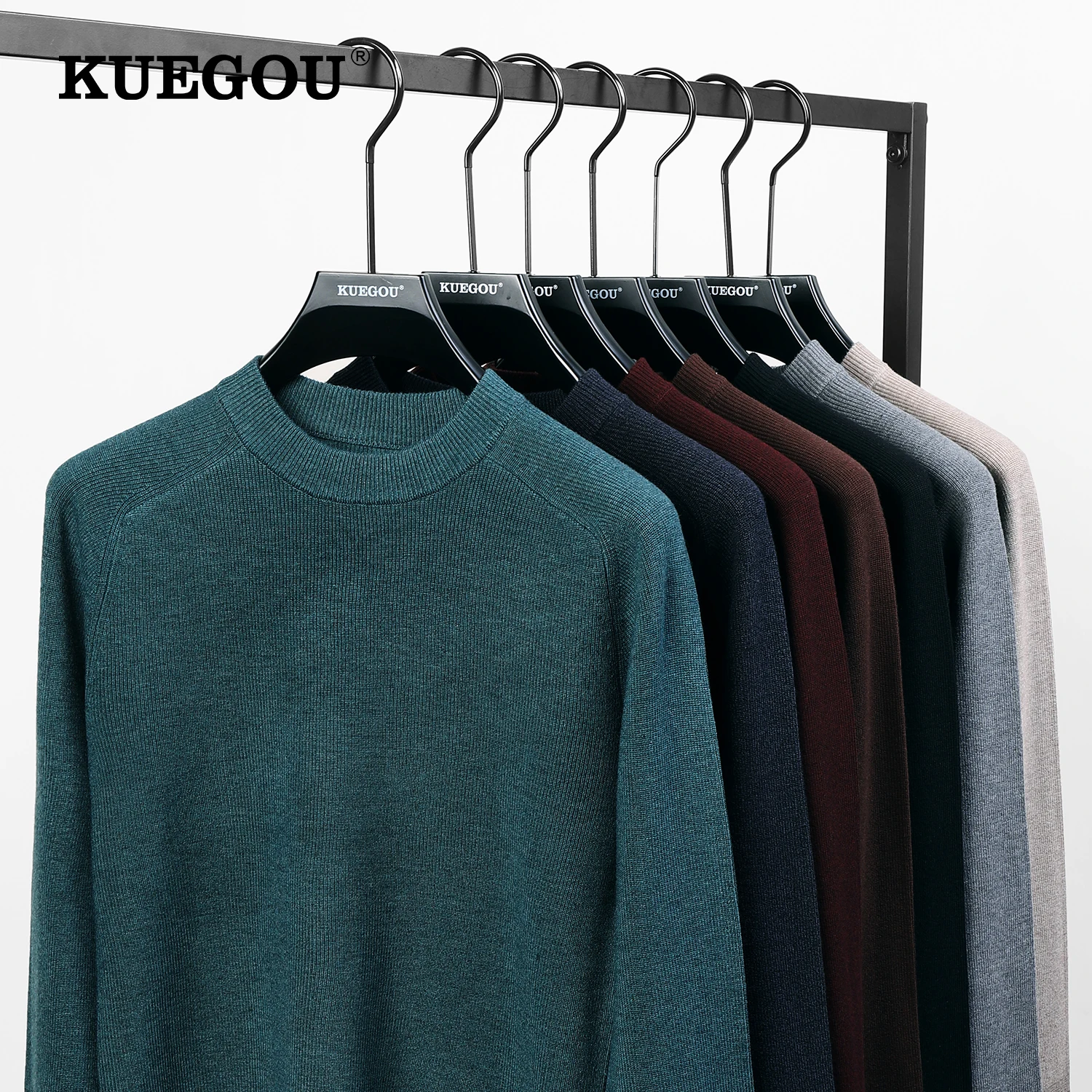 

KUEGOU 2022 Autumn Winter New Men Sweater Solid Color Fashion High Quality Warm Knitting Pullovers Wool Blend Top Plus Size 875