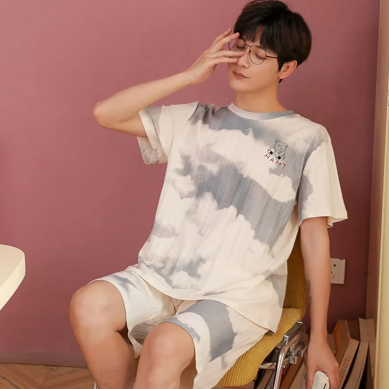 Men Summer Short Sleeve Pajama Sets Breathable Organic Cotton Soft Confort Leisure Home Causal Male Sleepwear