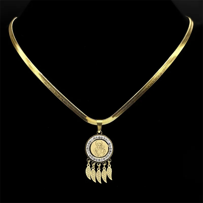 Девы Марии держит детский лист с кисточкой и кристаллами кулон ожерелье для