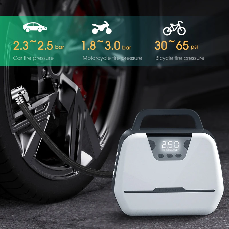 Воздушный насос для шин автомобиля с функцией накачки и сброса давления, оснащенный светодиодной лампой для освещения, быстрая насосная станция для мотоцикла, велосипеда и мячей.