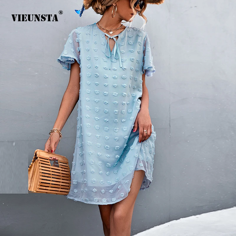 

Vestido 2022 Spring/Summer Solid Color V-Neck Tie Jacquard Fur Ball Dresses Women's Fashion Casual Tie Hollow Out Loose Dresses