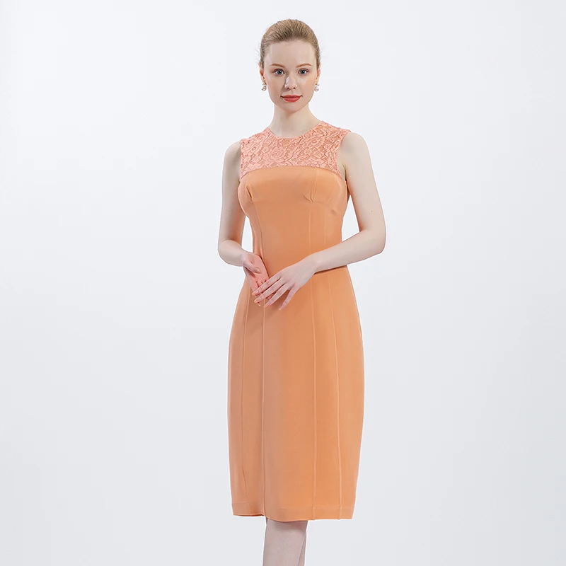 

Heavyweight Silk Hollow Lace Stitching Round Neck Sleeveless Woman Dress Slim Four Open Party One-Step Dresses Women AS0323