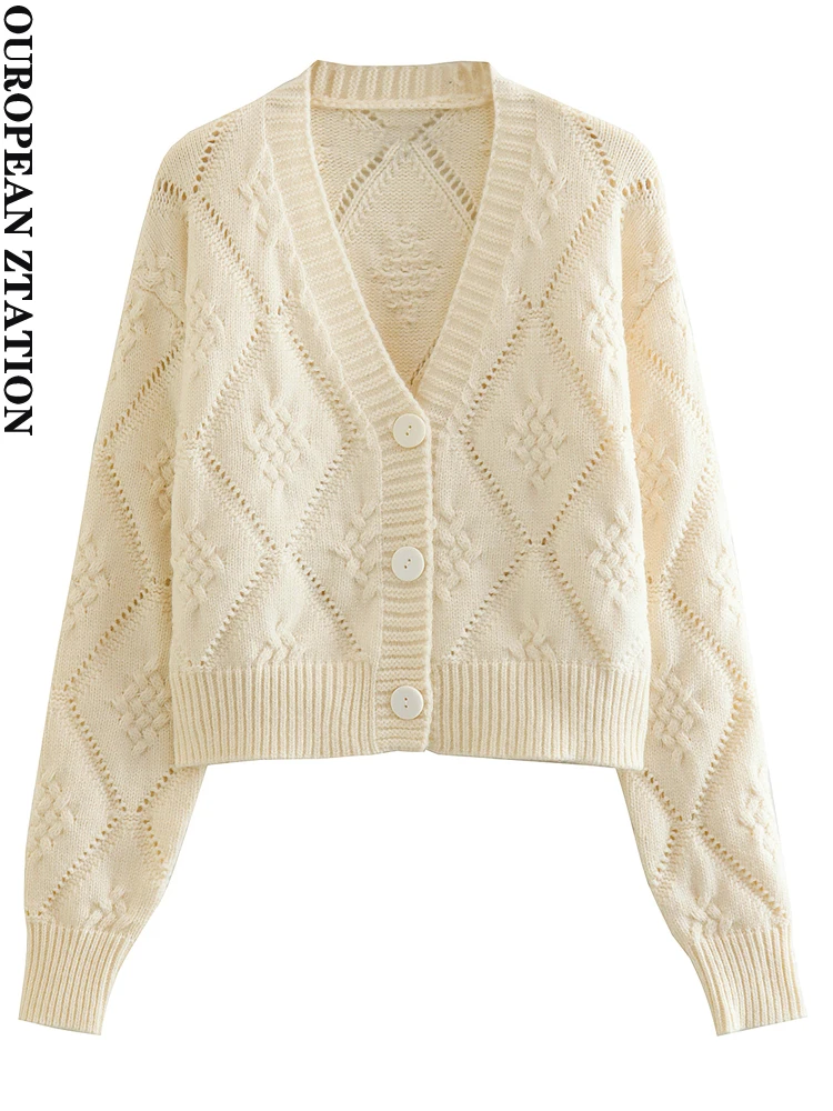 

PAILETE women 2022 fashion front button cropped cable-knit cardigan sweater vintage v neck long sleeve