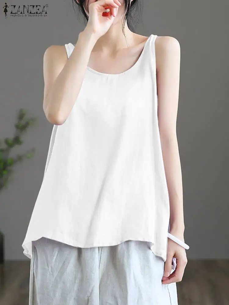 

Women Sleeveless Solid Loose Blouse 2023 ZANZEA Vintage Cotton Camis Casual Beach Shirt Oversize Holiday Blusa Summer Tanks Tops