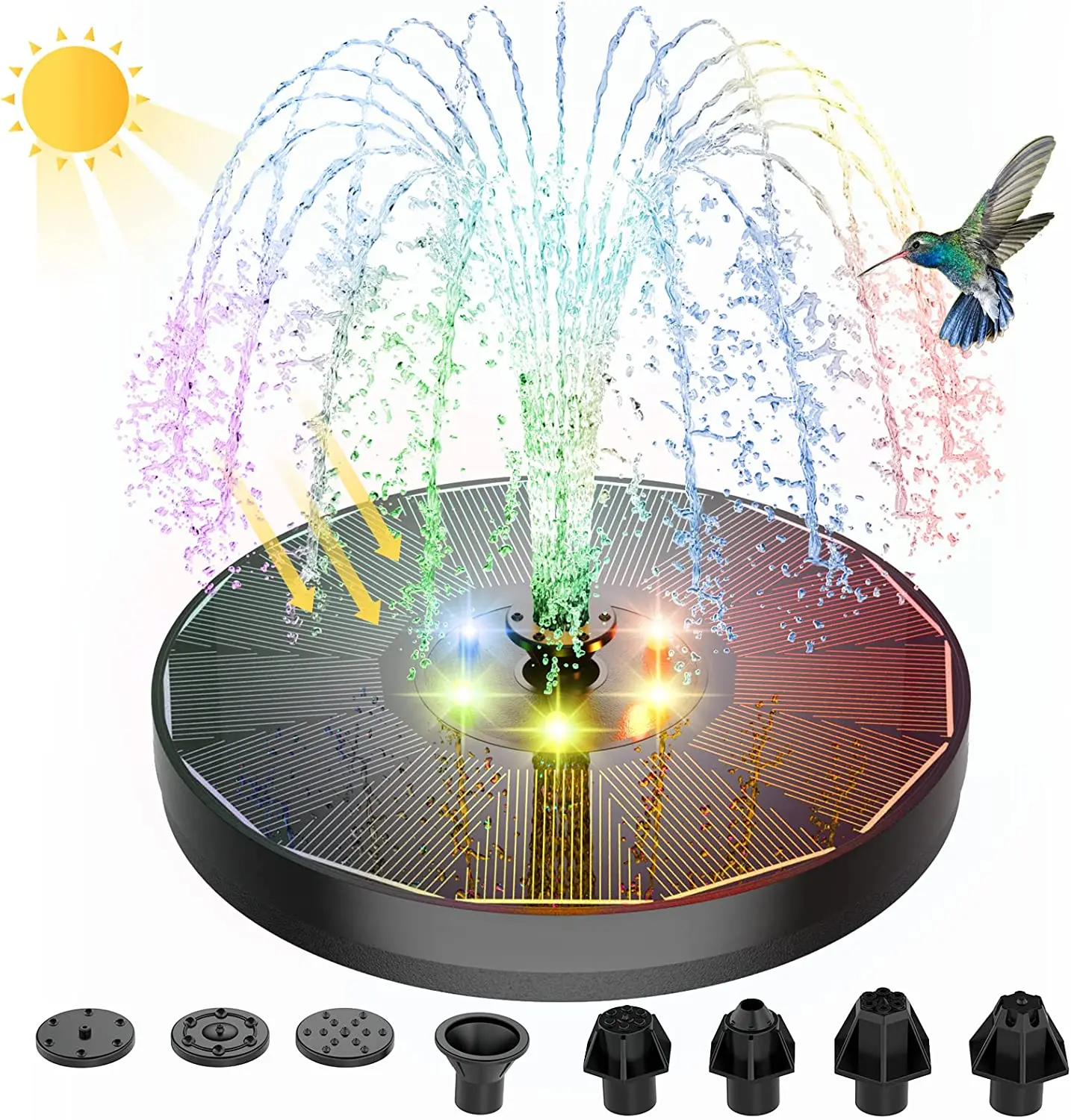 

Solar Fountain Water Pump with color LED Lights for Bird Bath 3W with 7 Nozzles & 4 Fixers Floating Garden Pond Tank