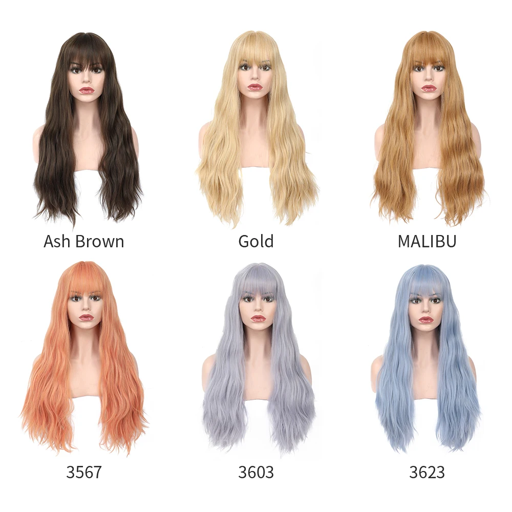 Long Natural Wave Ash Brown Synthetic Hair Wig With Finger Bangs Glueless Machine Made Heat Resistant Wigs X-TRESS Cosplay Party |