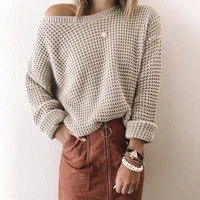 long sleeve knitted sweater 2021 casual pullover temperament womens autumn and winter solid color loose diagonal collar top