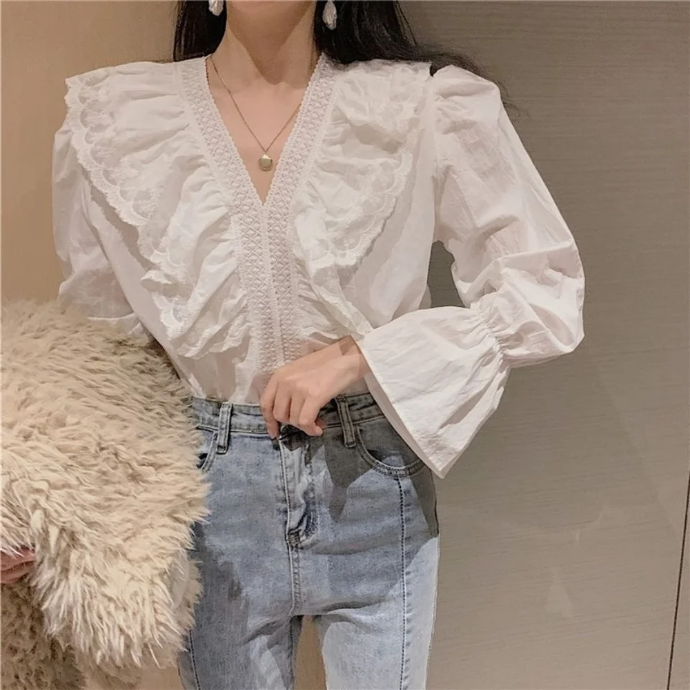 

Women's Blouse Elegant V-Neck Stitching Neckline Ruffle V Neck Long Sleeve White Shirt Women Spring Autumn Clothing 2022