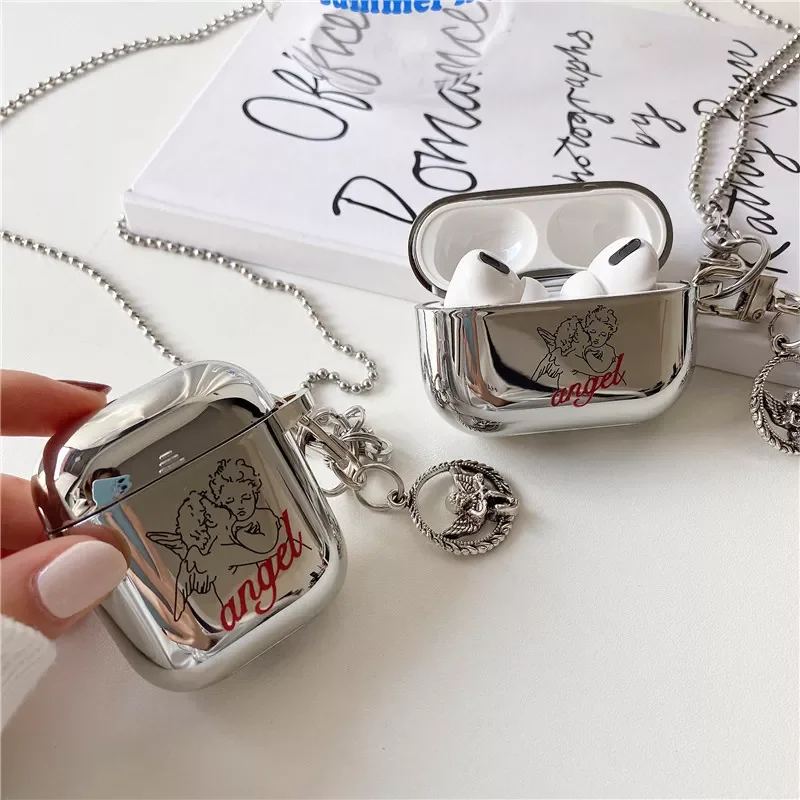

Cute Angel Baby Pendant Earphone Case 1 2 3 Pro Luxury Plating Mirror Headphones Cover Portable Headset Fundas