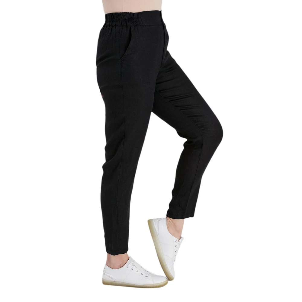 Fierte Women Large Size Pants rg1612 Linen High Elastic Waist Tight Bell-Bottomed Sports Wrist Length
