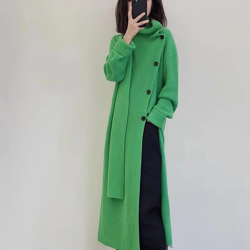 

Stylish French Knitted Maxi Long Bottoming Dress Women's Fall Winter Oblique Single Breasted Split High Neck Sweater Dresses
