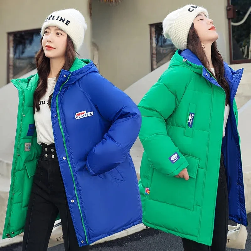 

2022 Fashion Reversible Cotton Coats Women's Thicken Warm Winter Jackets Parkas Windproof Hooded Mid-Long Down Cotton Parka Coat