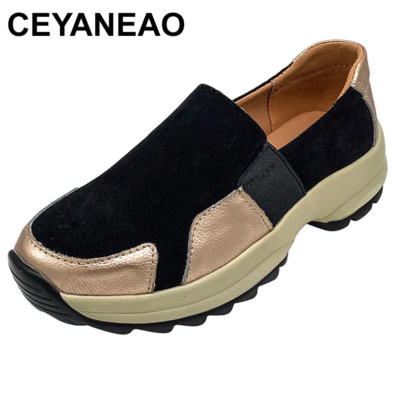 

Genuine Leather Women Sneakers Wedges Shoes Thick Sole Height Increasing Platform Spring Ladies Loafers Rubber Zapatos