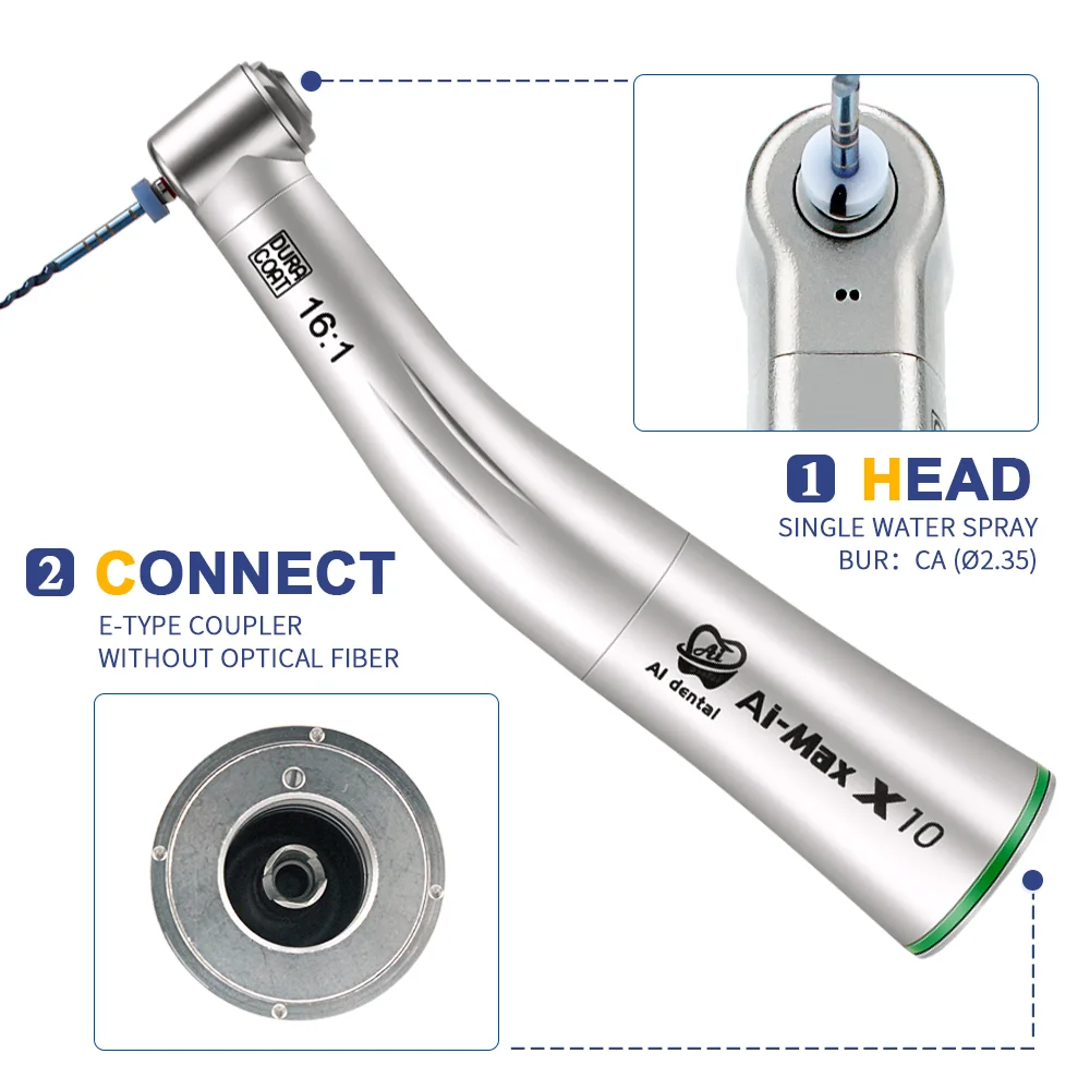 

AI-X10 Dental Endodontic Contra Angle Handpiece 16:1 Green Ring Low Speed Internal Spray Dentistry Equipment E-type Connector