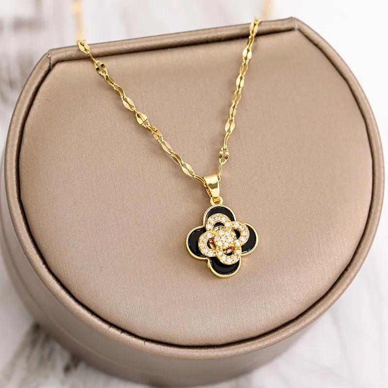 

Exquisite Titanium Steel Fashion Jewelry Four Clover Necklace Rotating Enamel Flower Rhinestone Choker Pendant Gift For Girls