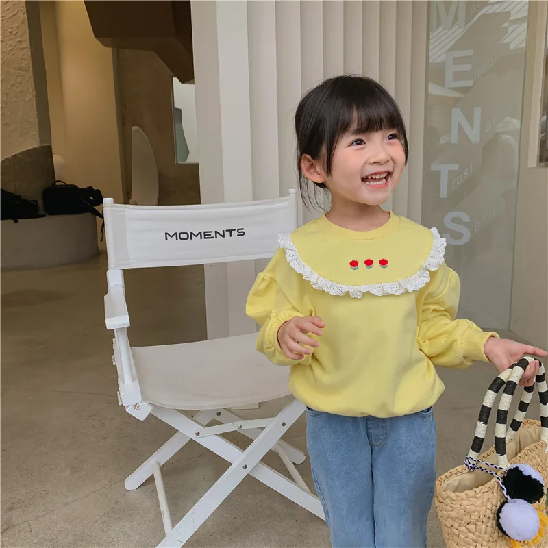 

Little Girls Shirt 2023 Spring Korean Style Children Clothing Kids Ruffles Embroidered Loose Casual Top