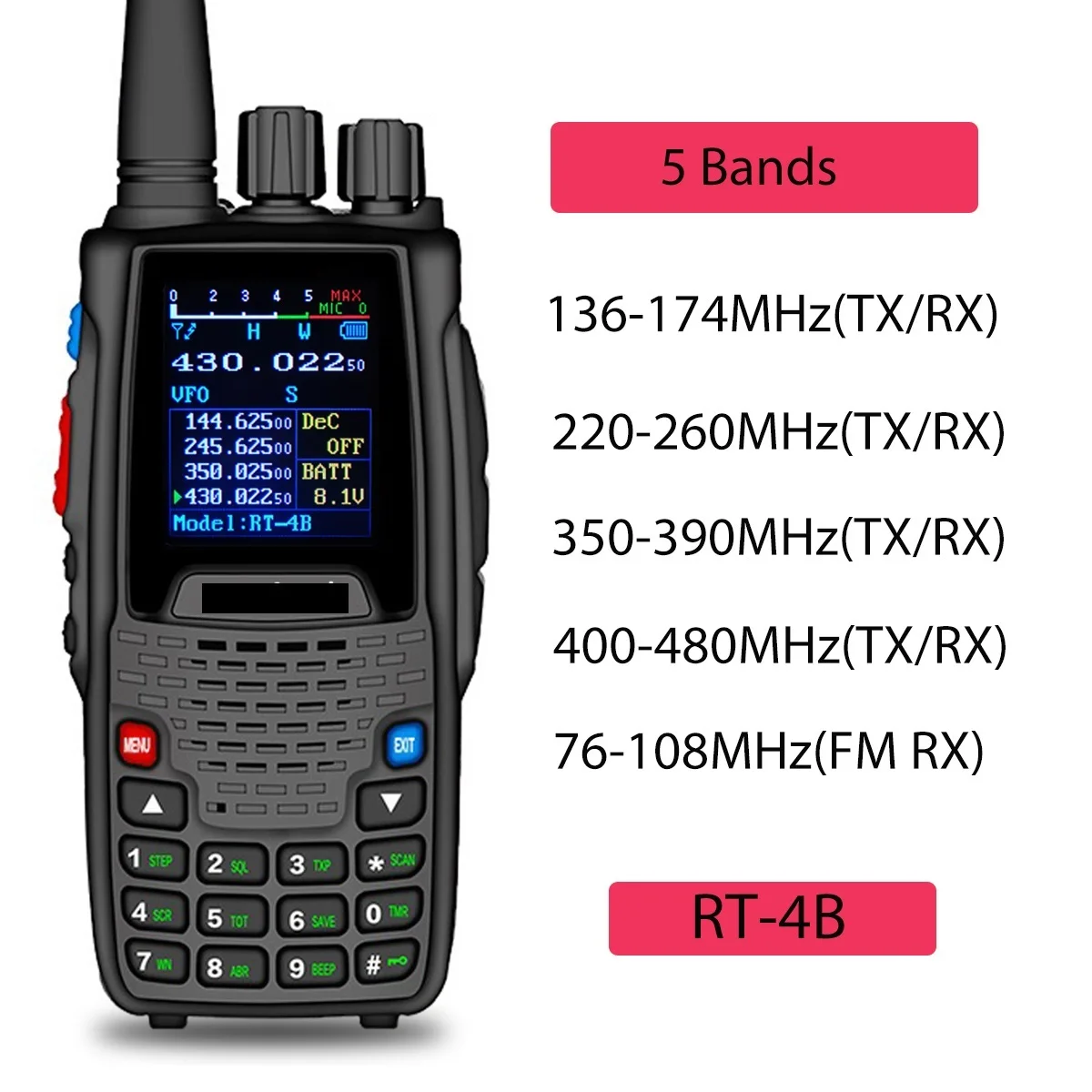 

RT-4B 5 Bands Amateur Two Way Radio 200CH Ham Walkie Talkie VOX DTMF 2 Tone 5 Tone SOS Color LCD Police Scanner FM Radio