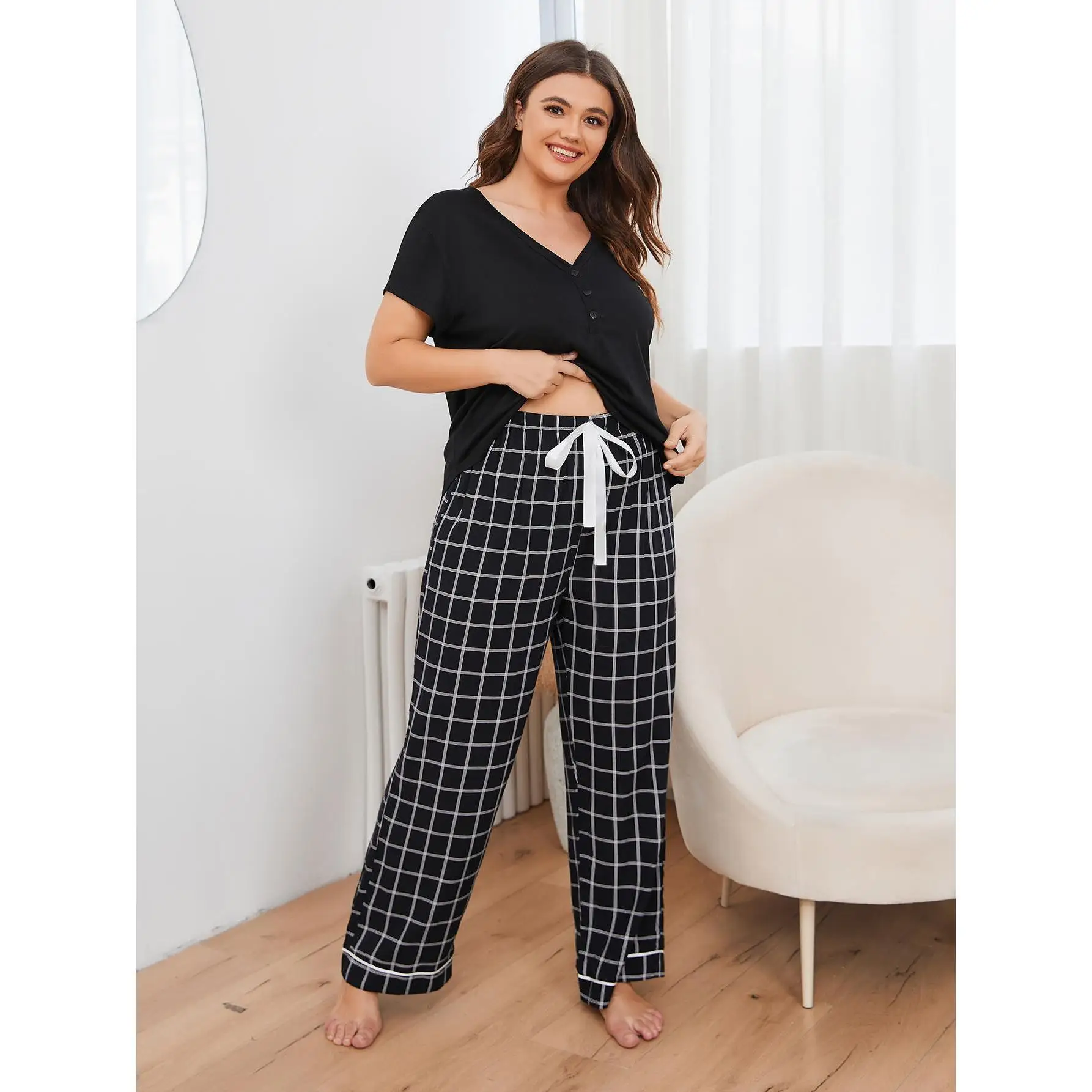 

Plus Size Pajamas Women's Spring and Summer Short-sleeved Trousers Plus Size Home Clothes Can Be Worn Outside Two Pieces