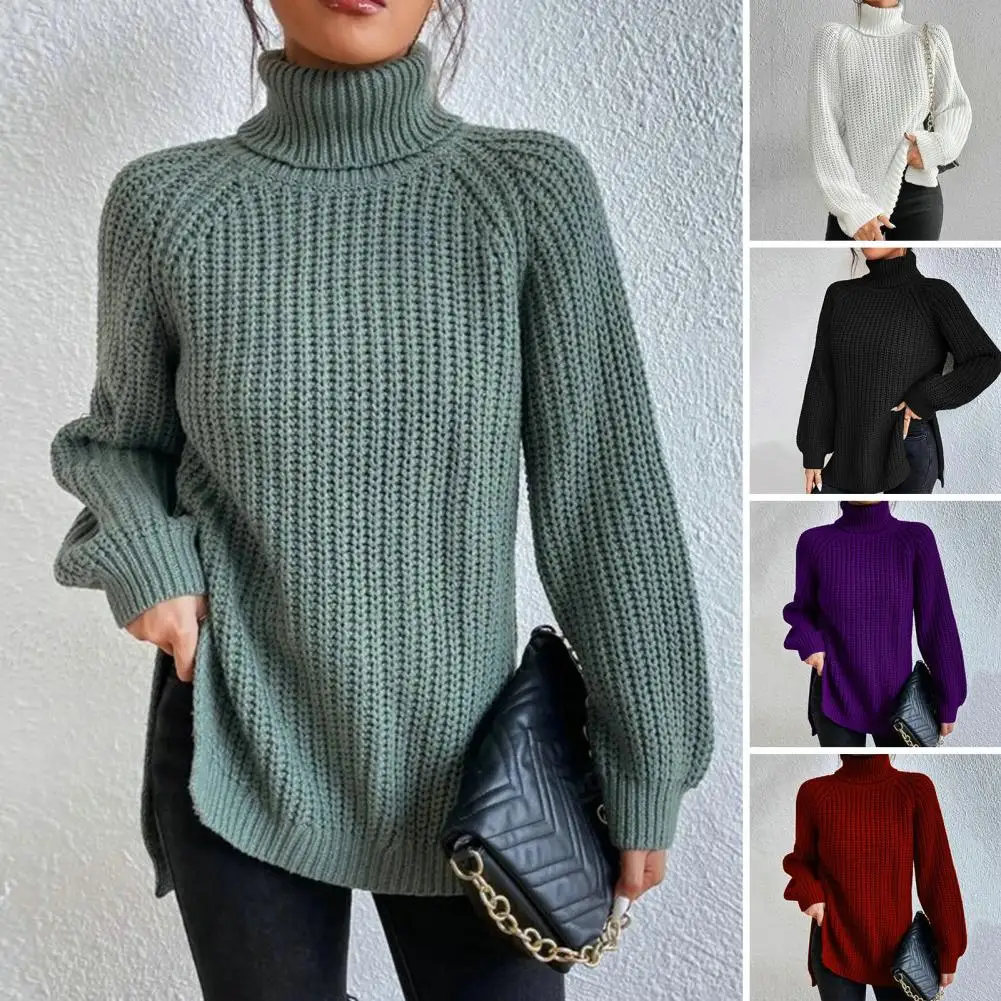 

Popular Sweater Jumper Stretchy Knitted Sweater Ribbed Cuffs Coldproof Women Pure Color Basic Sweater Jumper